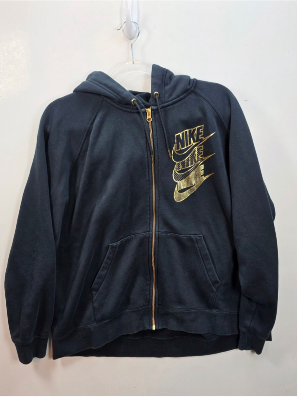Nike Men’s XL Full Zip Hoodie Black Gold Stacked Swoosh Just Do It Fleece